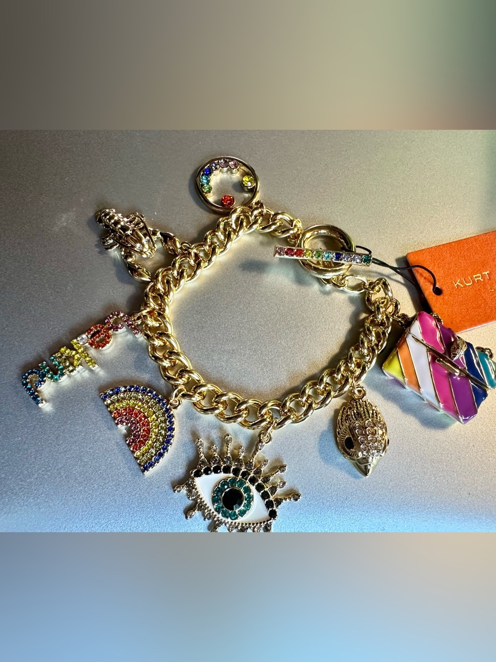 🌈👛🧿😊🦅🦞 Kurt Geiger Gold Rainbow Charm Bracelet with Multicolor Crystal Accents
